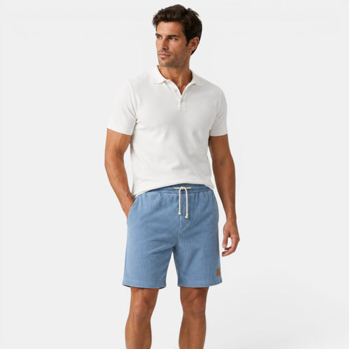 Men's sky blue corduroy shorts with soft lightweight texture for relaxed summer casual style