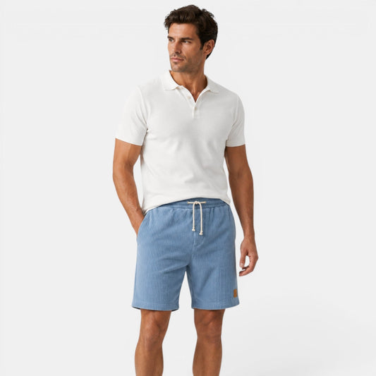Men's sky blue corduroy shorts with soft lightweight texture for relaxed summer casual style