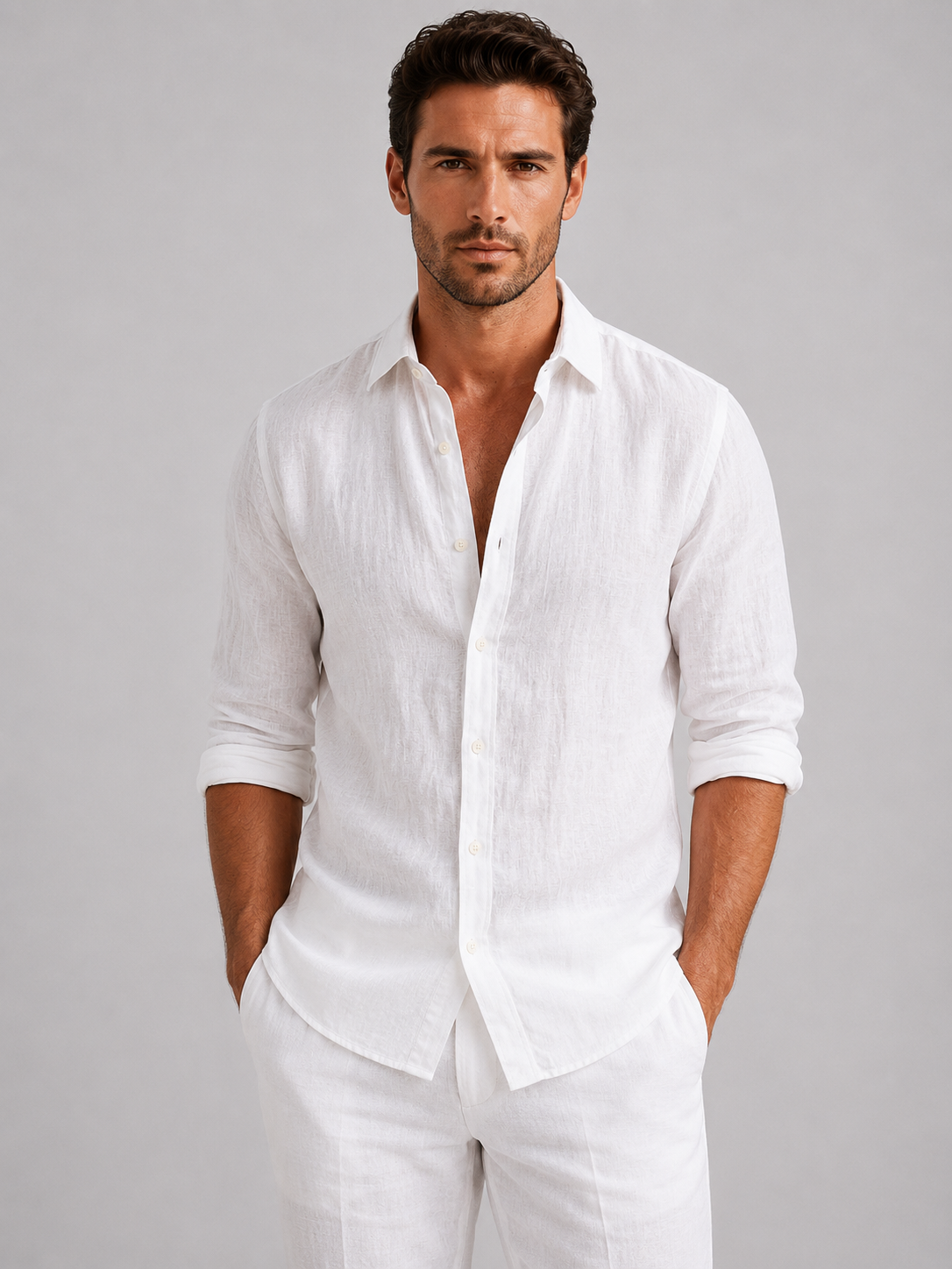 Men's white breathable summer shirt with relaxed fit and lightweight fabric