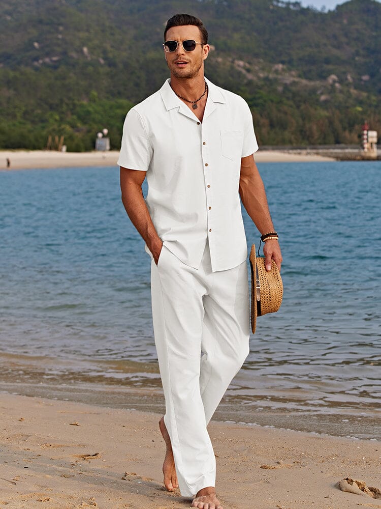 Men's white camp collar shirt and trousers set with relaxed fit for beach days, holidays and summer style