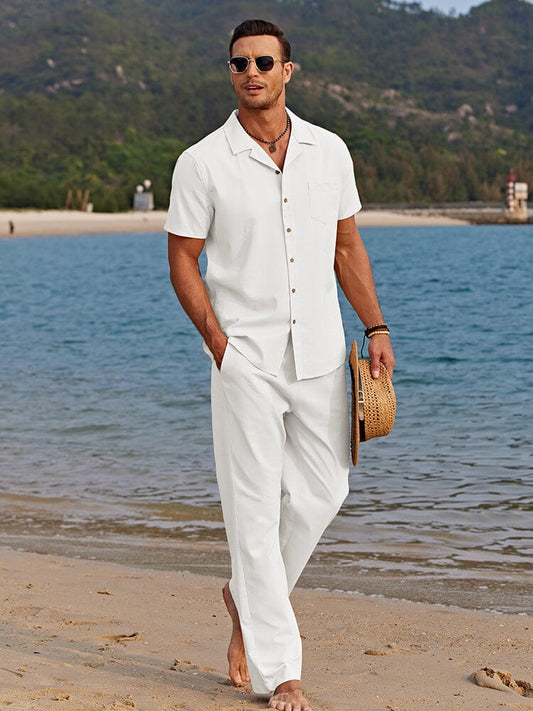 Men's white camp collar shirt and trousers set with relaxed fit for beach days, holidays and summer style