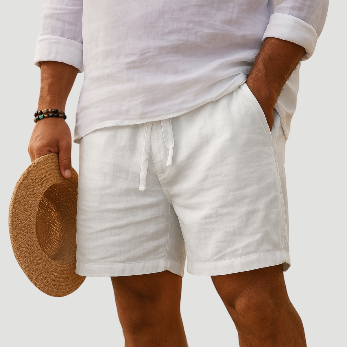Men's white cotton-linen shorts with lightweight fabric and relaxed tailored fit