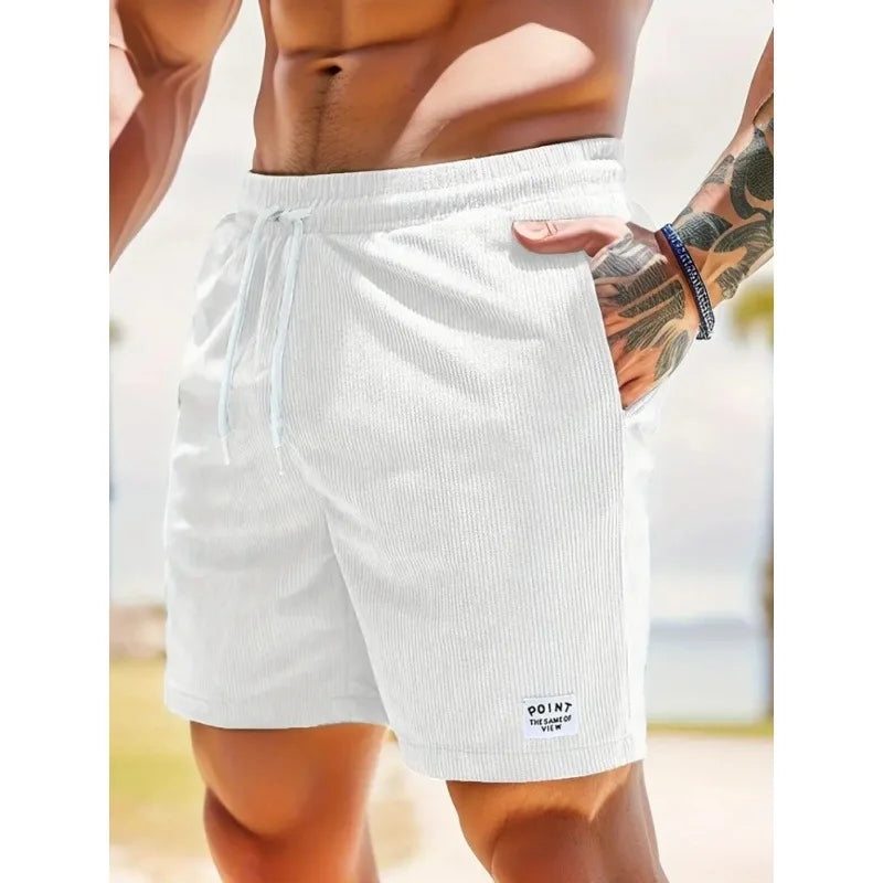 Men's white drawstring summer shorts with relaxed fit and practical pockets