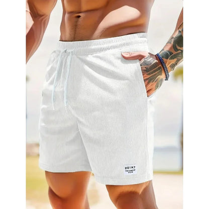 Men's white drawstring summer shorts with relaxed fit and practical pockets
