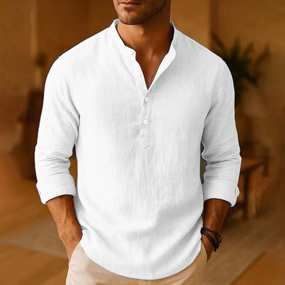 Men's white Henley shirt with long sleeves, modern design and classic button placket