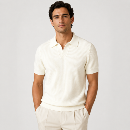 Men's white knitted polo shirt with lightweight breathable texture for effortless smart casual summer wear