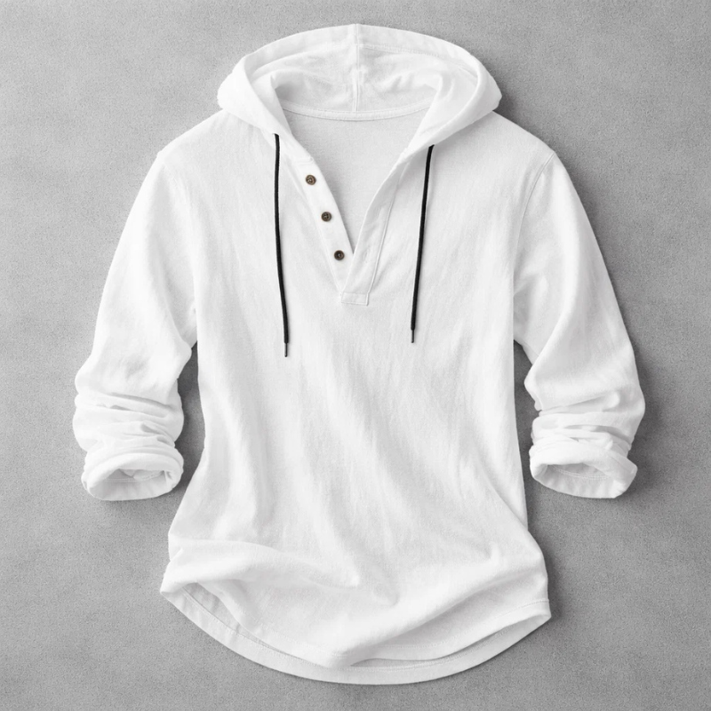 Men's white linen blend hooded pullover shirt with button placket and relaxed fit