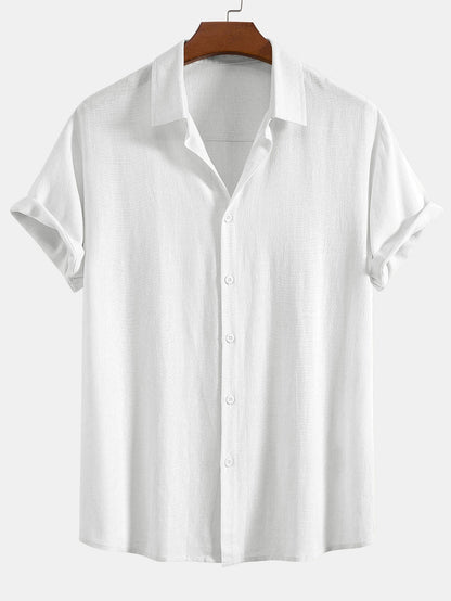 Men's white linen blend short sleeve shirt with relaxed button fit for summer style