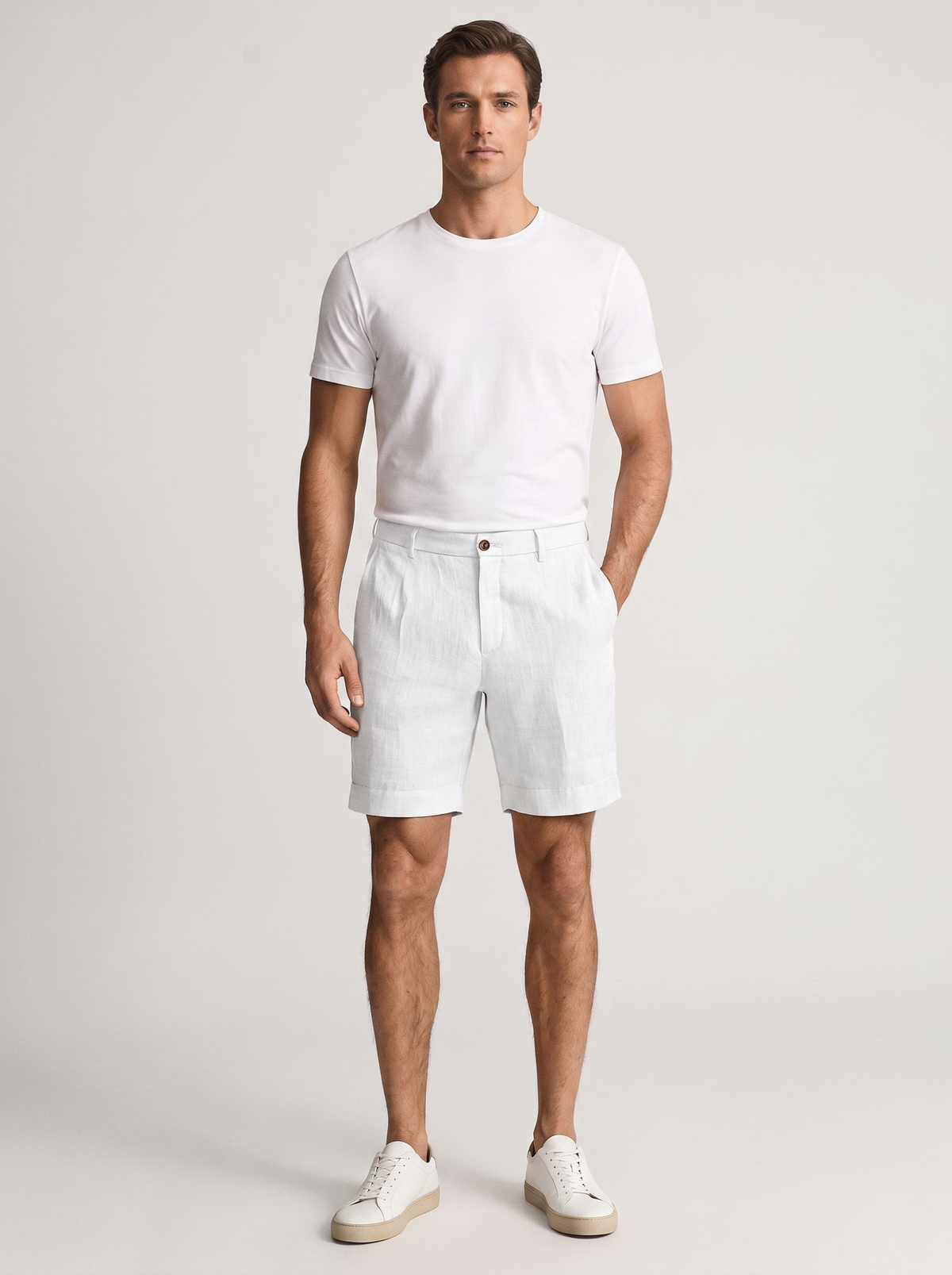 Men's white linen chino shorts with lightweight fabric and classic fit for summer holidays and casual outfits