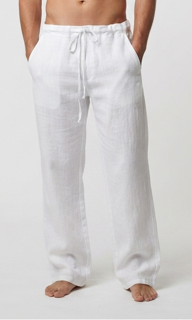 Men's white linen drawstring trousers with relaxed wide leg fit and elasticated waistband