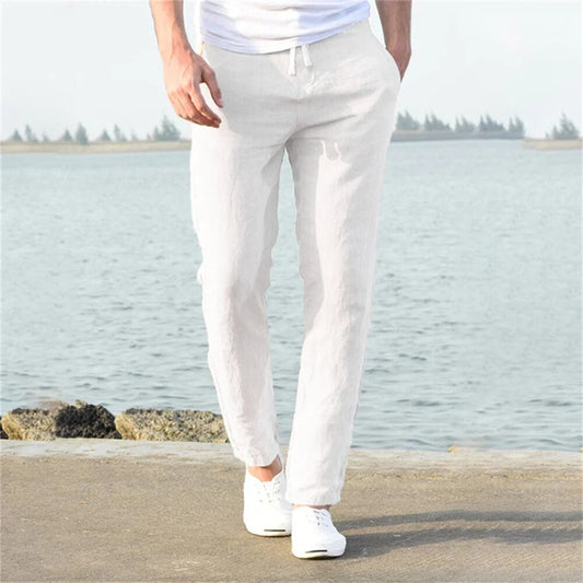Men's white linen pants with lightweight breathable fabric