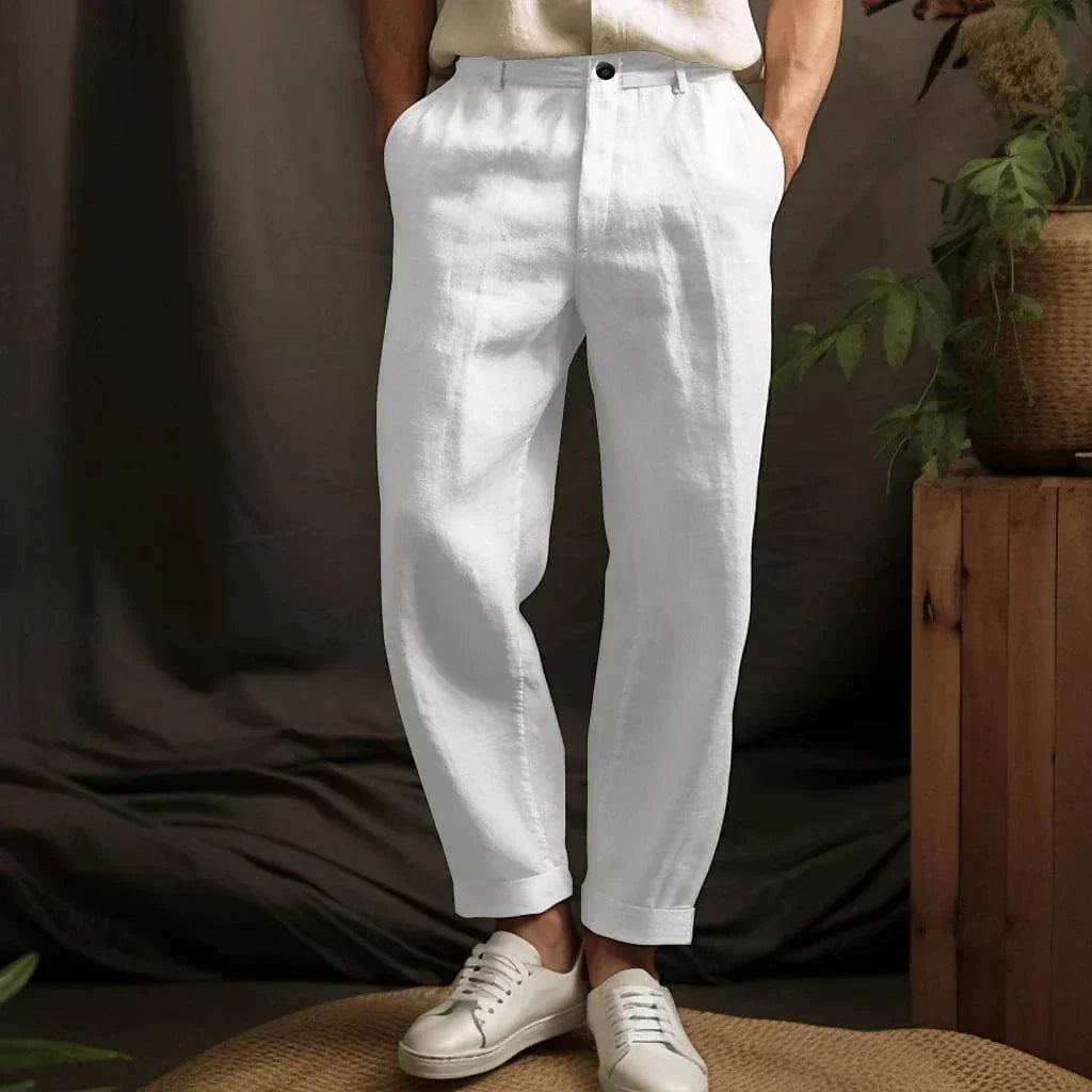 Men's white linen pants with lightweight breathable fabric