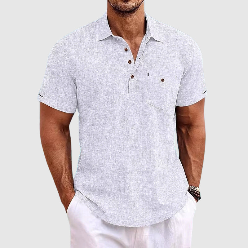 Men's white linen polo shirt with short sleeves and relaxed fit for summer and holiday style