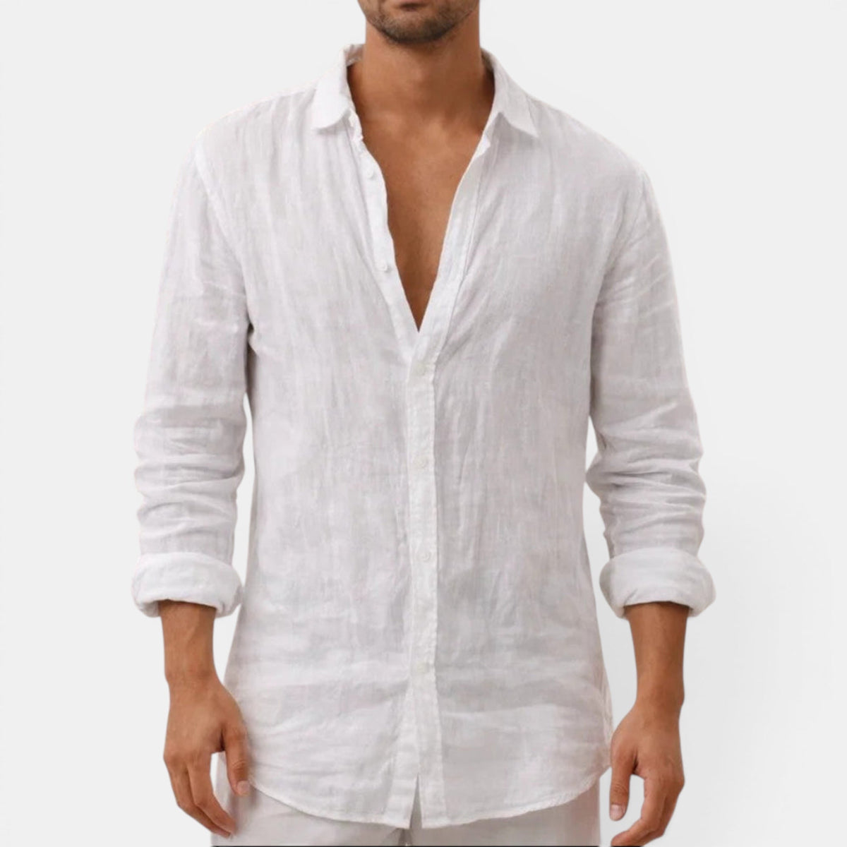 Men's white linen shirt with breathable fabric, regular fit and long sleeves