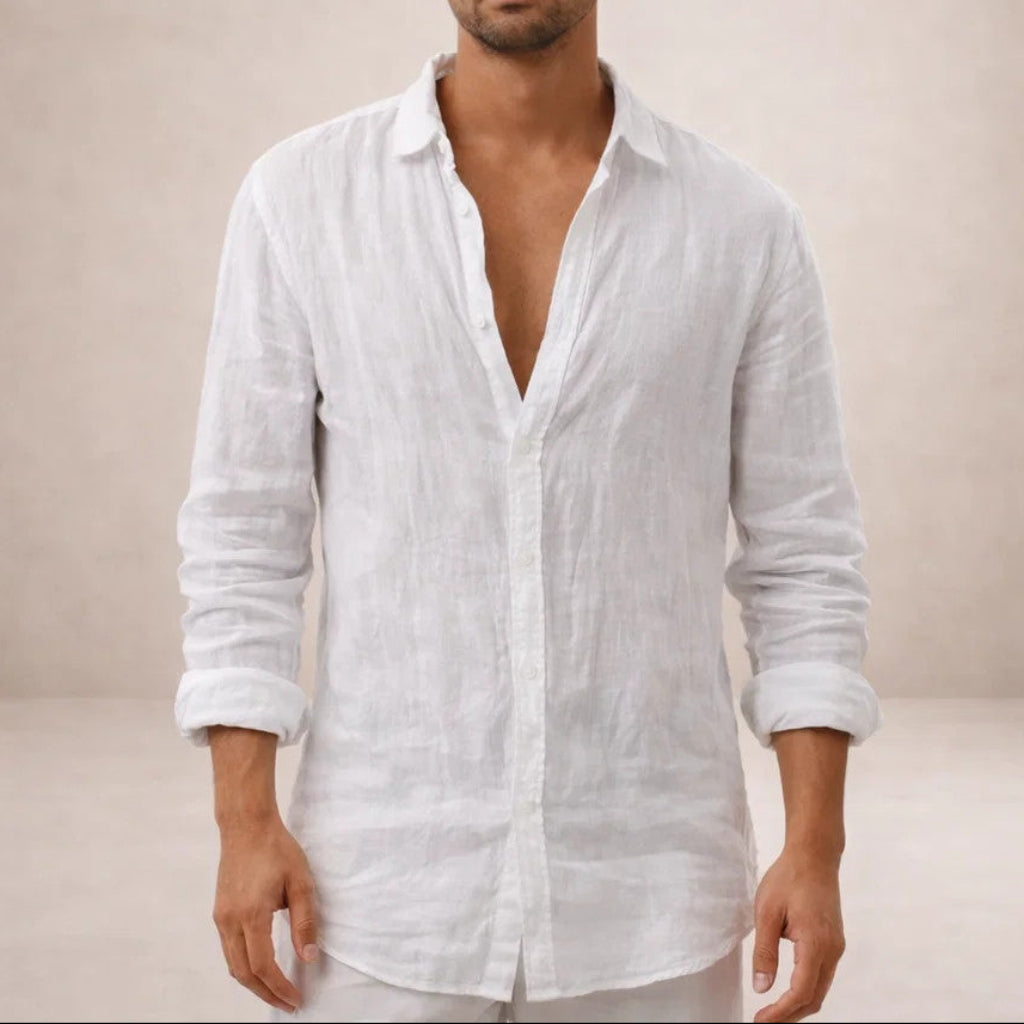 Men's white linen shirt with mandarin collar and regular fit