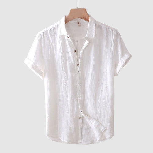 Men's white linen shirt with short sleeves, relaxed fit and crinkle textured finish
