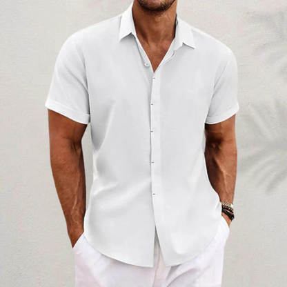 Men's white short sleeve linen shirt with relaxed fit