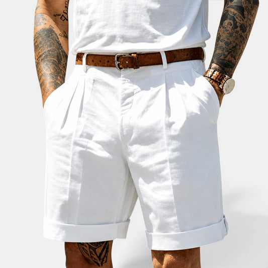 Men's white linen shorts with a relaxed fit and lightweight feel for effortless summer and holiday style