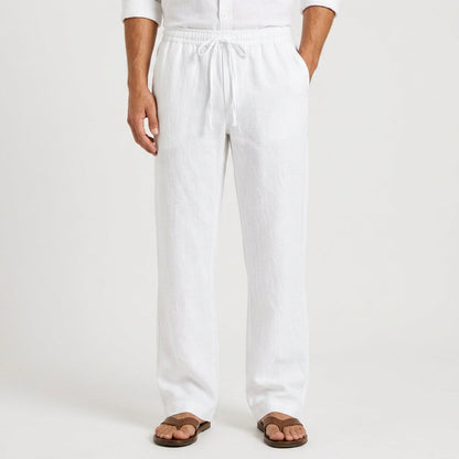 Men's white linen trousers with straight-leg fit and adjustable drawstring waist