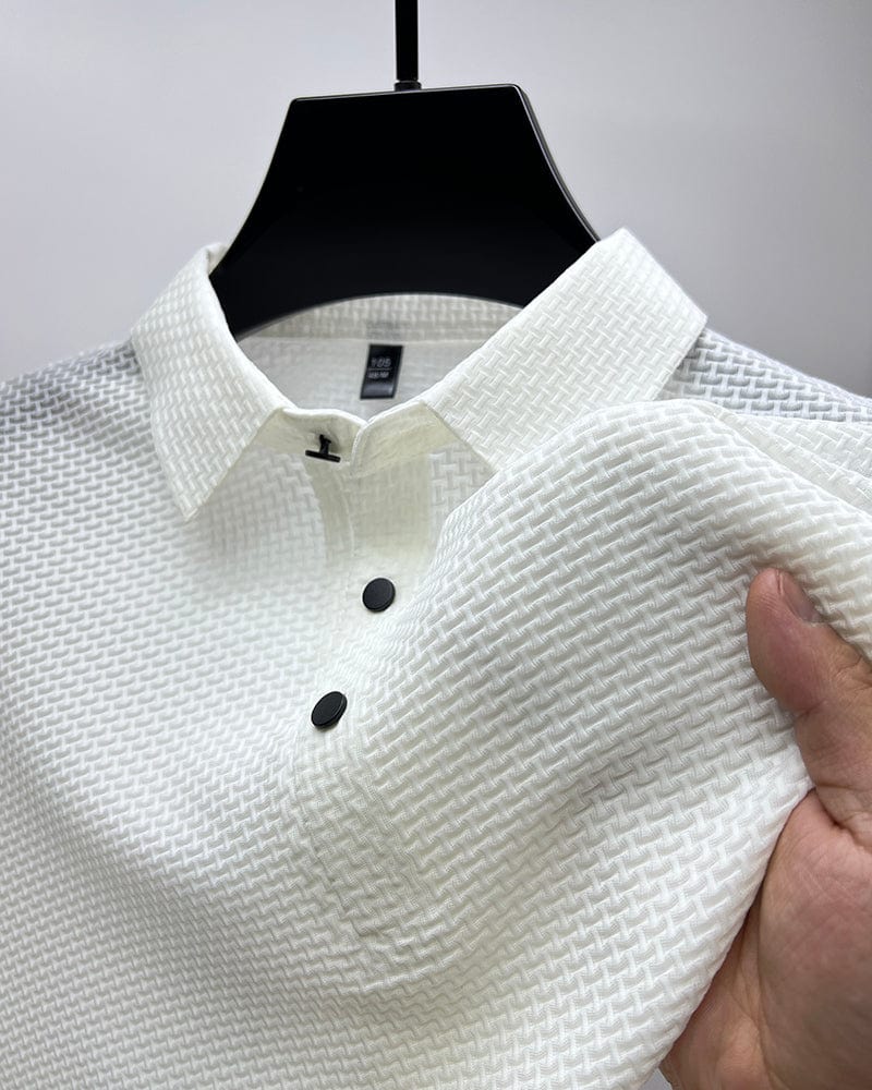 Men's white mesh polo shirt with breathable lightweight fabric