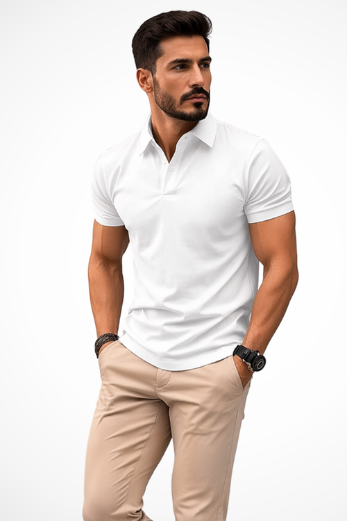 Men's white muscle fit polo shirt with short sleeves, classic collar and tailored silhouette