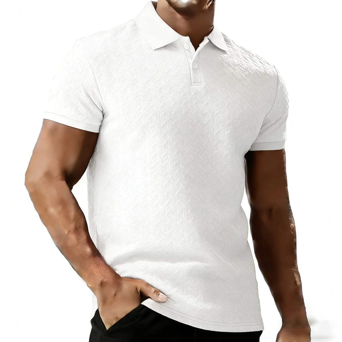 Men's white polyester polo shirt with short sleeves and turn-down collar for clean summer outfits