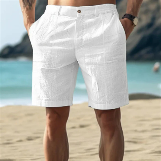 Men's white relaxed fit shorts with flexible waistband and comfortable casual design