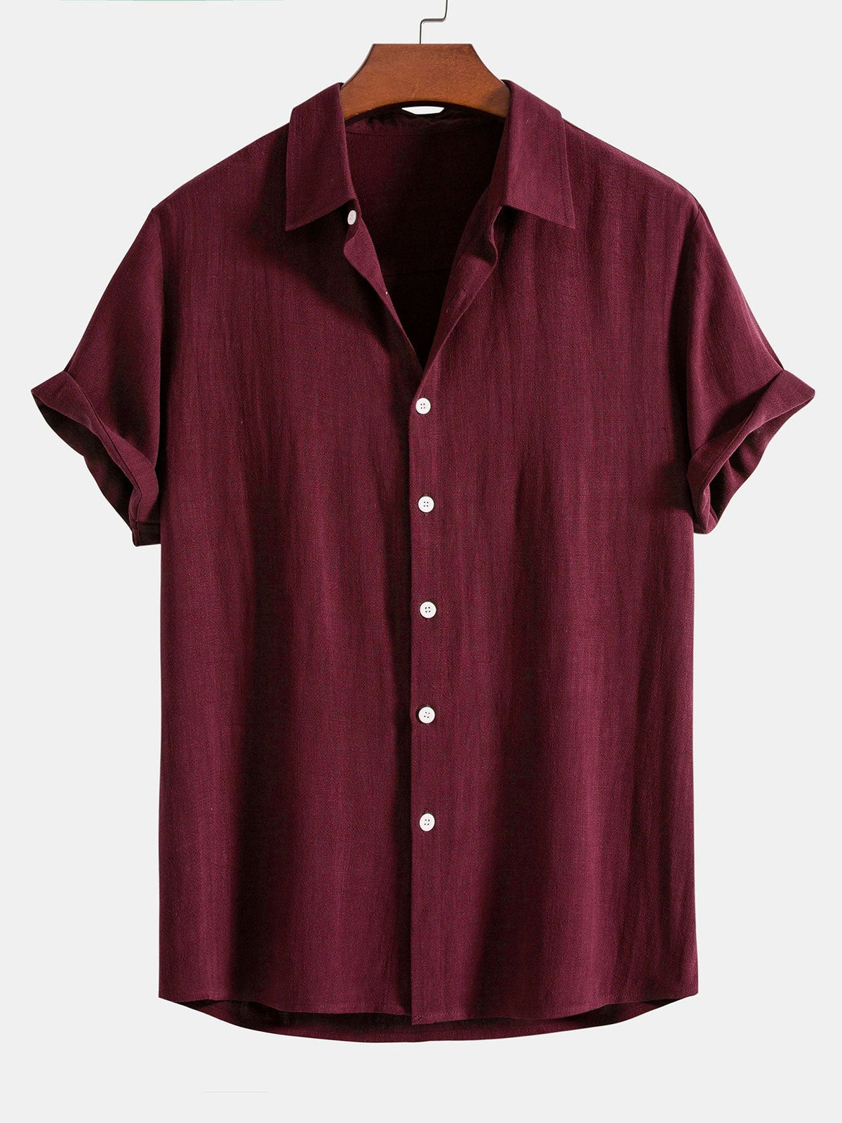 Men's wine red linen blend short sleeve shirt with relaxed button fit for summer style