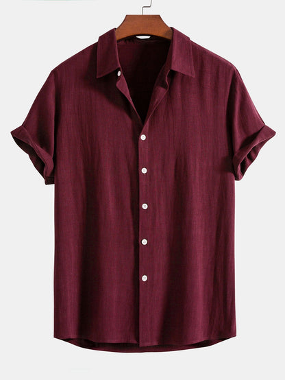 Men's wine red linen blend short sleeve shirt with relaxed button fit for summer style