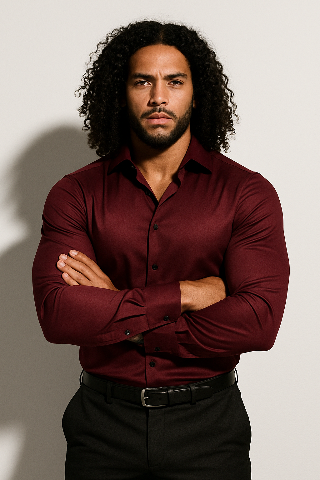 Men's wine red slim fit dress shirt with classic collar and long sleeves for evening and formal occasions