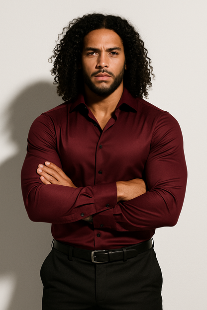Men's wine red slim fit dress shirt with classic collar and long sleeves for evening and formal occasions