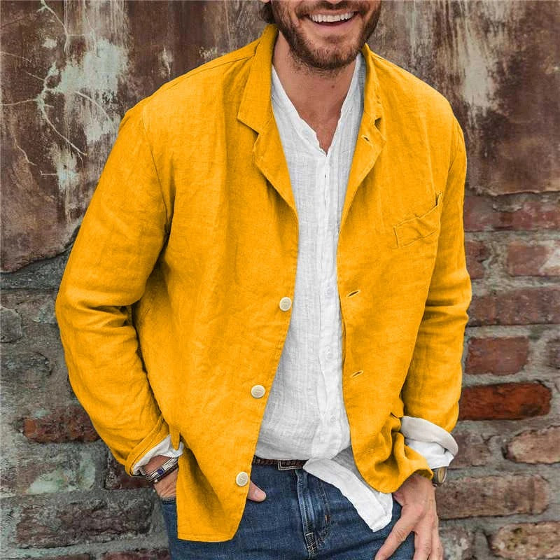 Men's yellow linen jacket with lightweight relaxed fit for summer and smart casual style