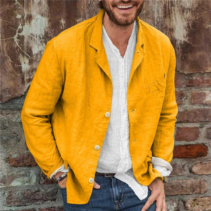 Men's yellow linen jacket with lightweight relaxed fit for summer and smart casual style