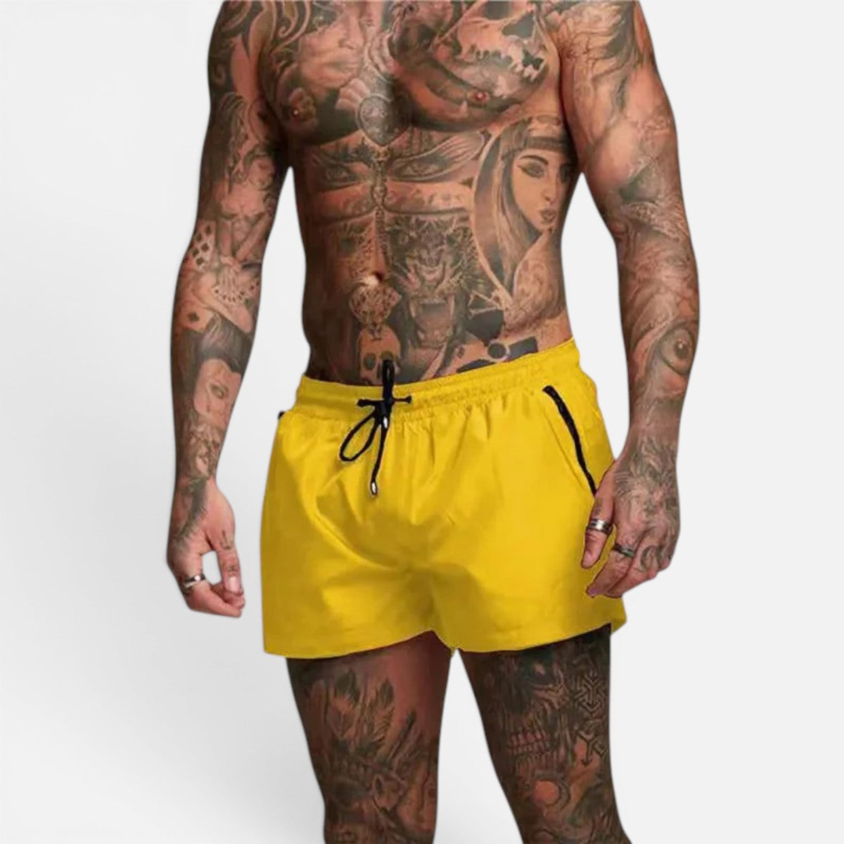 Men's yellow stretch swim trunks with quick-dry design and adjustable drawstring waist