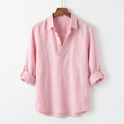 Close-up of classic collar on men's pink linen shirt