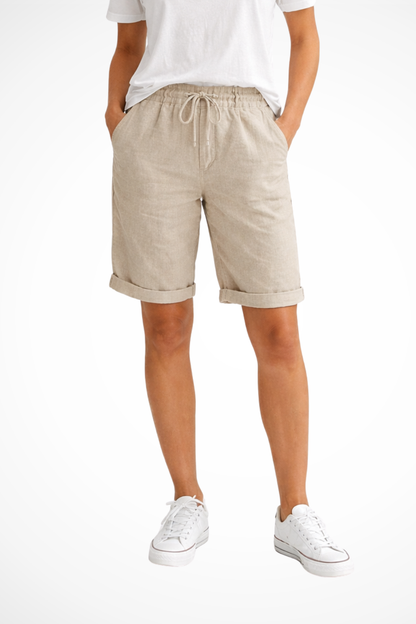 Women's beige cotton capri pants with relaxed fit and adjustable drawstring waist