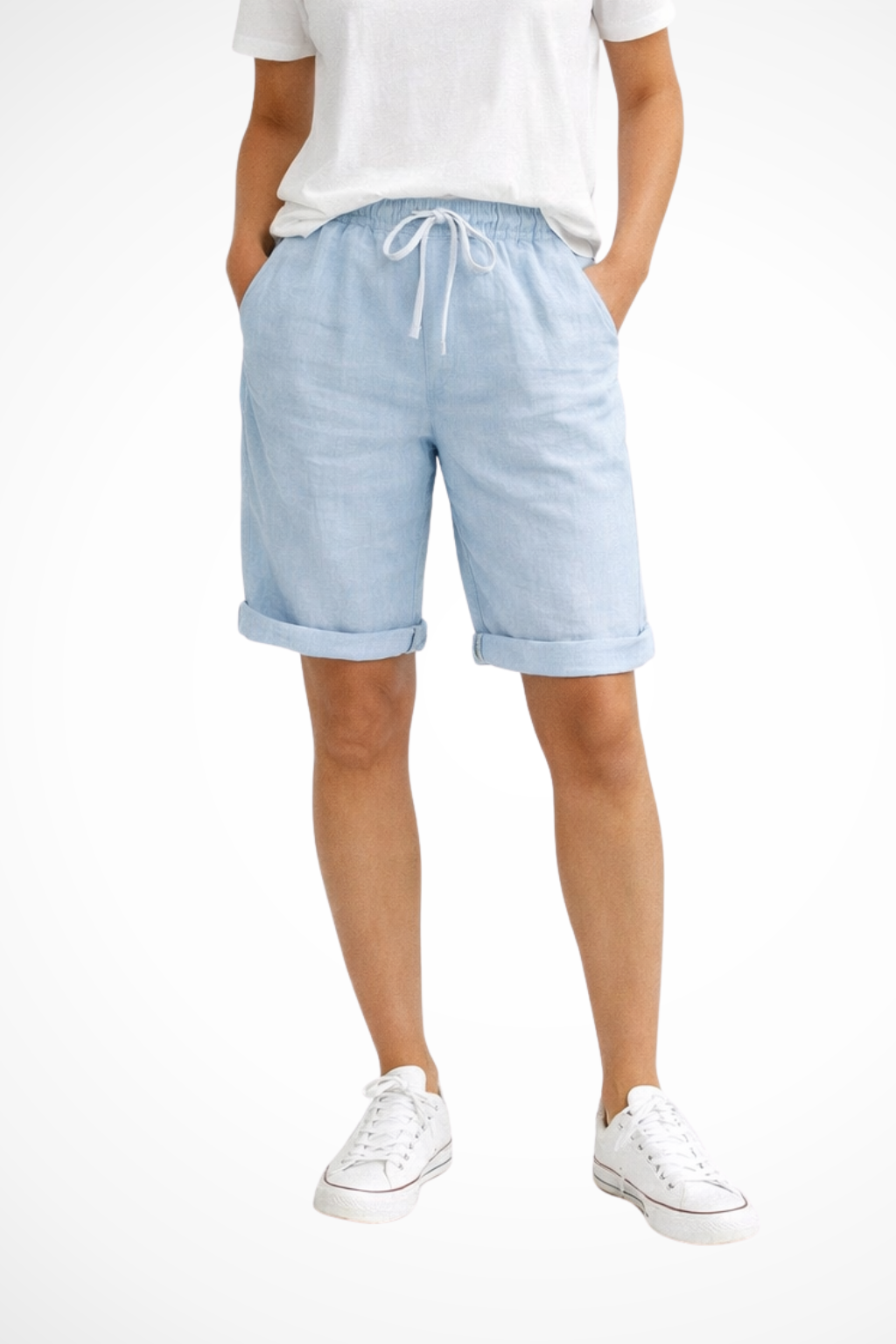 Women's blue cotton capri pants with relaxed fit and adjustable drawstring waist