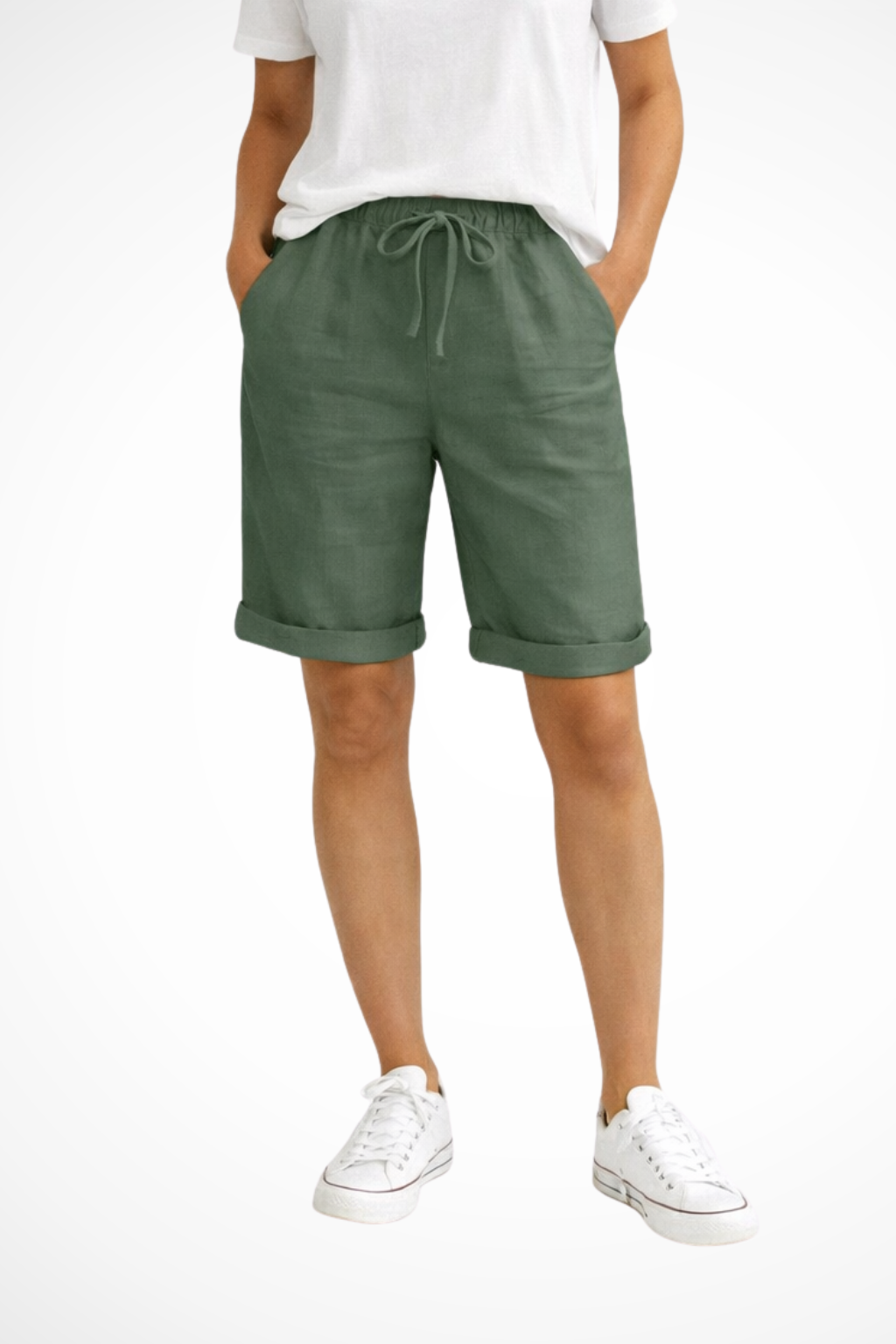 Women's green cotton capri pants with relaxed fit and adjustable drawstring waist
